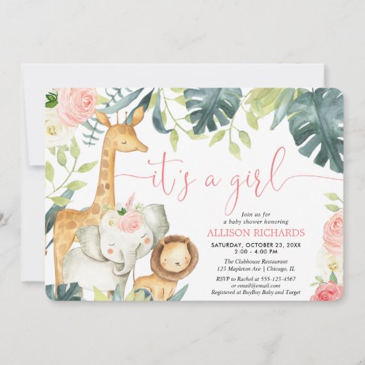 Het is een meisje waterverf safari dieren baby sho kaart (Voorkant)