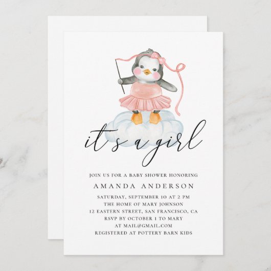 Het is een meisje. Waterverf schattige pinguïn bab Kaart (Voorkant / Achterkant)