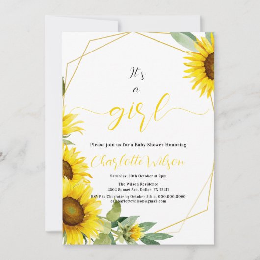 Het is een meisje! Waterverf Zonnebloem Baby showe Kaart (Voorkant)