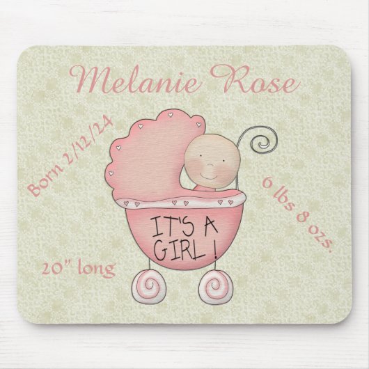 Het is een meisje! Whimsical Roze Baby Carriage Muismat (Voorkant)