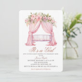 Het is een Meisje Wieg Pink Spring Flowers Baby sh Kaart (Staand voorkant)