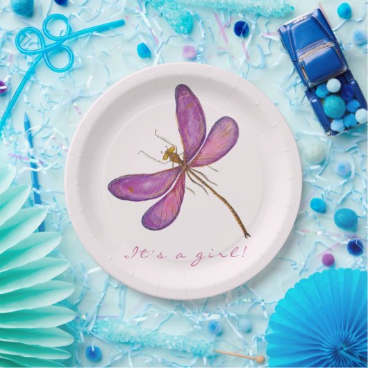 Het is een meisje! Zoete Paarse libel Papieren Bordje (Feest)