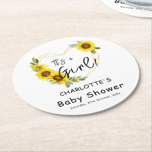 Het is een meisje! Zonnebloemen Kader Baby Shower Ronde Kartonnen Onderzetter