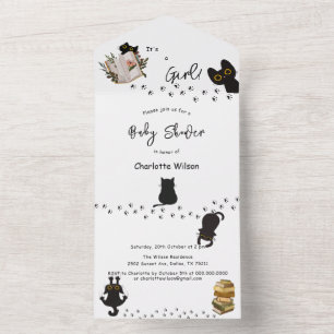 Het is een meisje! Zwart katje en boek baby shower All In One Uitnodiging