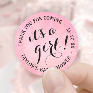 Het is een meisje! Zwarte en roze waterverf baby s Ronde Sticker
