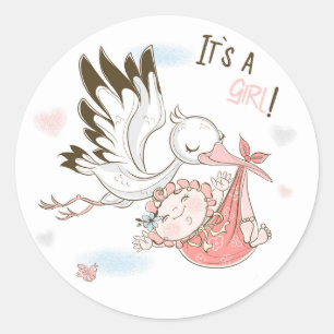 Het is een meisjes ooievaar en baby ronde sticker