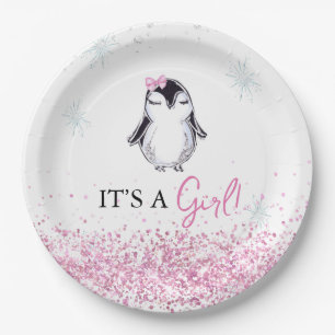 Het is een meisjespinguïn winter baby shower papieren bordje