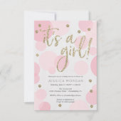 Het is een meisjesroze pokdruppel babyschoeisel kaart (Voorkant)