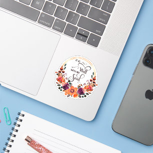 Het is een mooie oranje en paarse bloemrijke lijst sticker