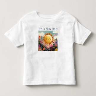 Het is een nieuwe dag! Lachende zon boven bloement Kinder Shirts