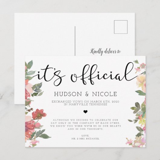 Het is een officiële Elopement Wedding Announcemen Aankondigingskaart (Voorkant / Achterkant)