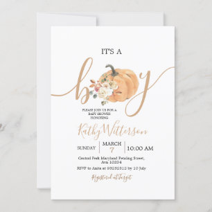 Het is een Oranje  pompoen Baby shower Kaart