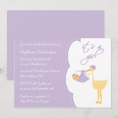 Het is een paarse uitnodiging voor het baby shower (Voorkant / Achterkant)