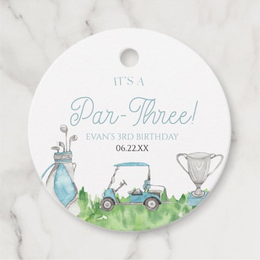 Het is een par-drie blauwe golf 3e verjaardagsfees bedankjes labels (Voorkant)
