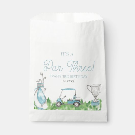 Het is een par-drie blauwe golf 3e verjaardagsfees bedankzakje (Voorkant)