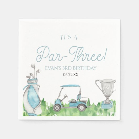 Het is een par-drie blauwe golf 3e verjaardagsfees servet (Voorkant)