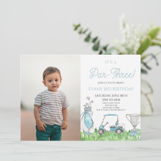Het is een par-drie! Blue Golf 3e verjaardag Kaart (Staand voorkant)