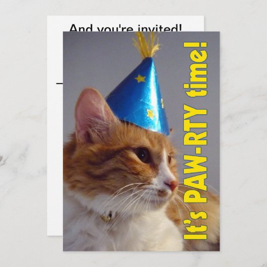Het is een pauw-rty Time Cat - Birthday Invitation Kaart (Voorkant / Achterkant)