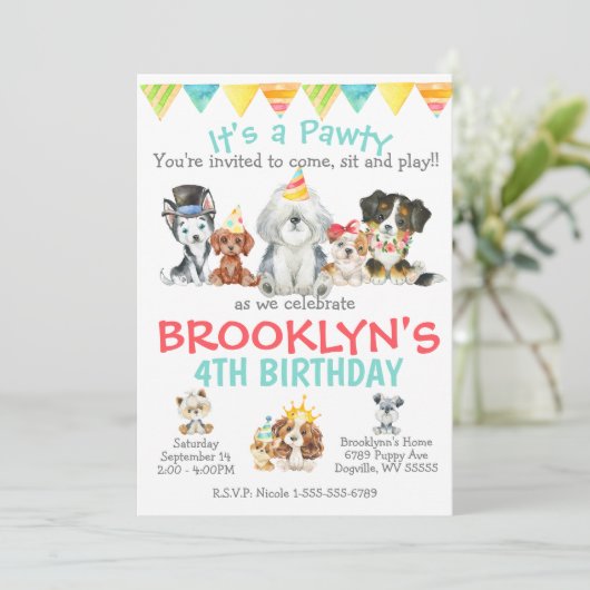 Het is een Pawty Puppy Party Birthday Kaart (Staand voorkant)