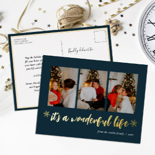 Het is een prachtig leven blauw goud Kerstmis foto Folie Feestdagen Briefkaart