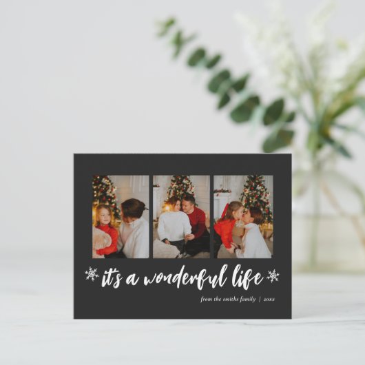 Het is een prachtig leven zwart kerst 3 foto feestdagenkaart (Staand voorkant)