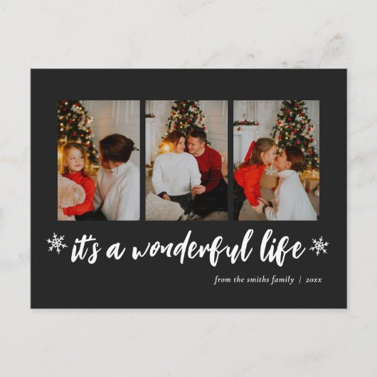Het is een prachtig leven zwart kerst 3 foto feestdagenkaart (Voorkant)