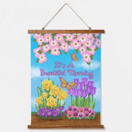 Het is een prachtig wandtapijt met houten bovenkan hangend wandkleed