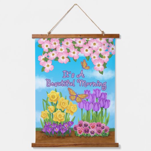 Het is een prachtig wandtapijt met houten bovenkan hangend wandkleed (Voorkant)