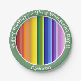 Het is een regenboogfeest, multi-gekleurd streeppa papieren bordje