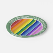Het is een regenboogfeest, multi-gekleurd streeppa papieren bordje (Gekanteld)