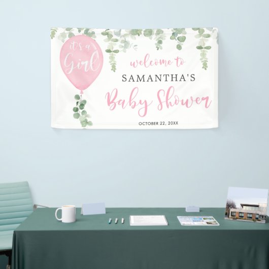 Het is een roze ballon eucalyptusbaby shower voor spandoek (Beurs)