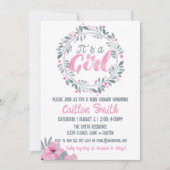 Het is een roze grijs bloemenmeisje Baby shower Kaart (Voorkant)