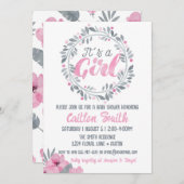 Het is een roze grijs bloemenmeisje Baby shower Kaart (Voorkant / Achterkant)