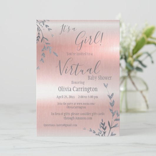 Het is een Roze Metallic Virtuele Baby shower van Kaart (Staand voorkant)