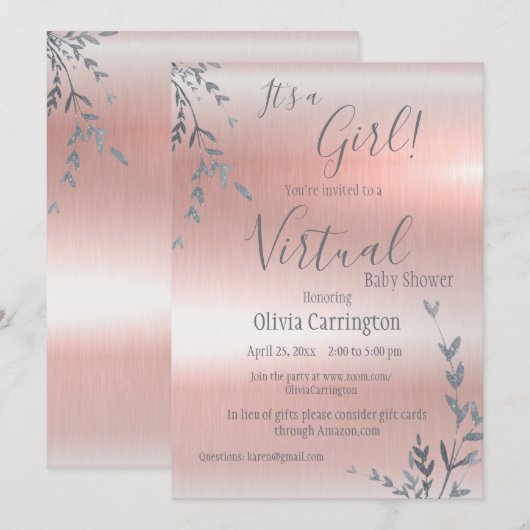 Het is een Roze Metallic Virtuele Baby shower van  Kaart (Voorkant / Achterkant)