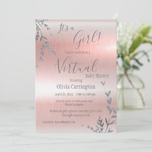 Het is een Roze Metallic Virtuele Baby shower van  Kaart