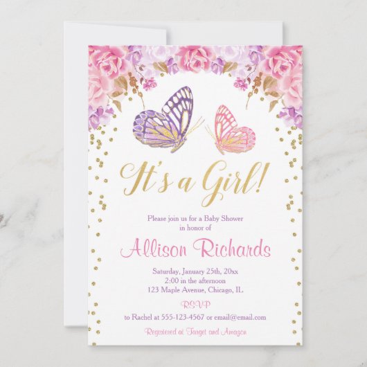 Het is een roze paarse goudelegante vlinder kaart (Voorkant)