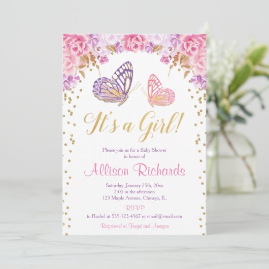 Het is een roze paarse goudelegante vlinder kaart (Staand voorkant)