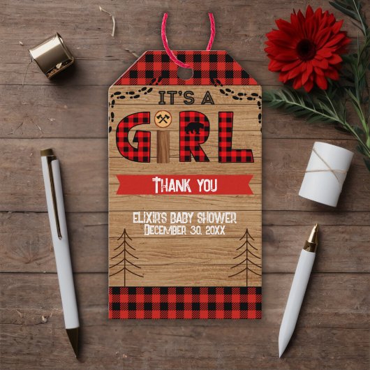 Het is een Rustic Wood Plaid Baby shower voor meis Cadeaulabel
