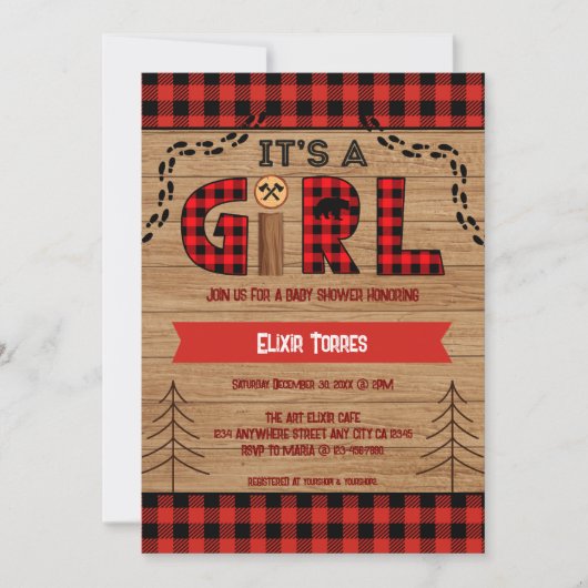 Het is een Rustic Wood Plaid Baby shower voor meis Kaart (Voorkant)
