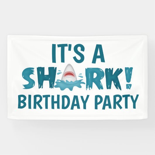 Het is een SHARK Birthday Party Kind Spandoek (Horizontaal)