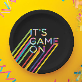 Het is een spelletje op kleurrijk Neon Laser Label Papieren Bordje