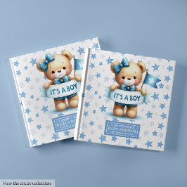 Het is een teddybeer-gastenboek voor baby shower gastenboek