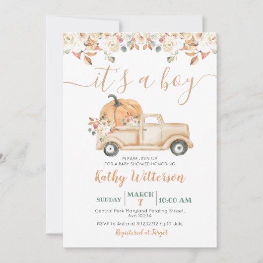 Het is een Tjonge pompoenwagen Rustic Floral Baby  Kaart (Voorkant)