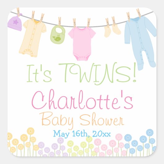 Het is een tweeling! Kleding Baby shower Party Vierkante Sticker (Voorkant)
