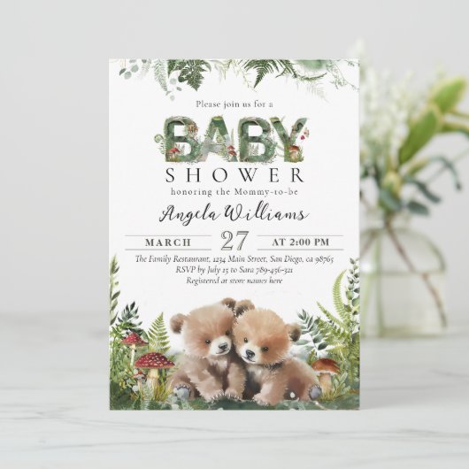 Het is een Twins Adventure Woodland Beren Baby sho Kaart (Staand voorkant)