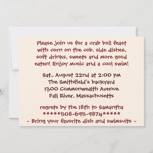 Het is een uitnodiging van een krabbenkookpartij (Achterkant)
