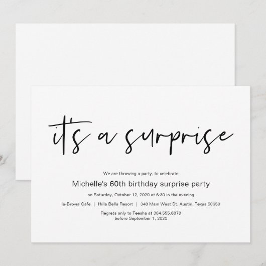 Het is een verrassing, Surprise Birthday Party Kaart (Voorkant / Achterkant)