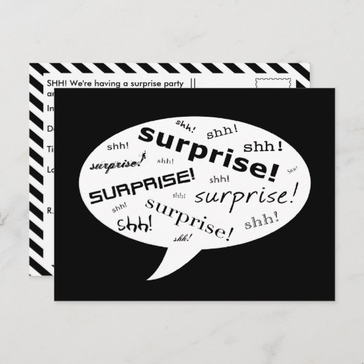 Het is een verrassingsfeest. : zeepbel in de strip uitnodiging briefkaart (Voorkant / Achterkant)