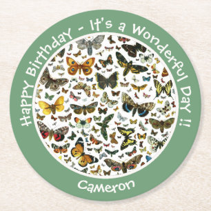 Het is een vlinder verjaardag, collage items voor ronde kartonnen onderzetter